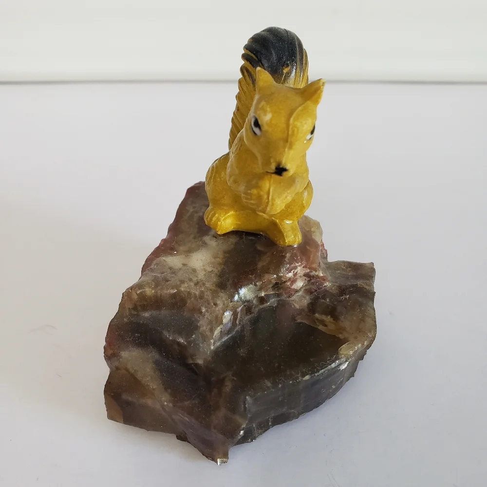 Vintage Squirrel Figurine on Natural Stone Base Ceramic Resin Collectible Decor